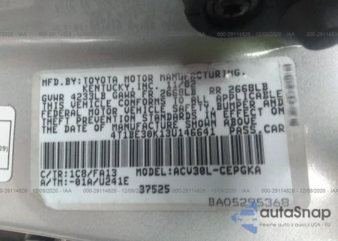 2003 Toyota Camry Xle из США, поврежденный, VIN 4T1BE30K13U146641